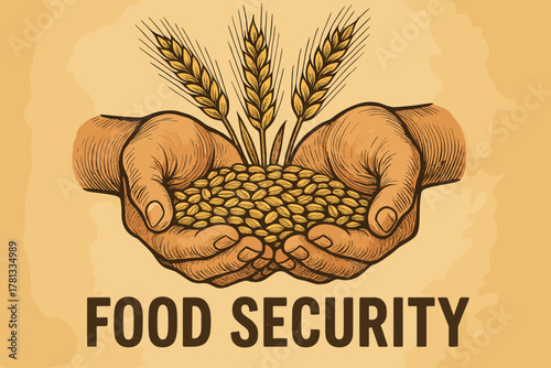 Illustrated hands holding a bundle of wheat stalks and grains, emphasizing the concept of food security in brown tones.