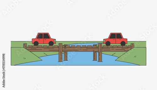 An old wooden bridge crossing a tranquil river with a car patiently waiting at either end creating a moment of stillness.