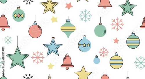Whimsical christmas pattern featuring pastel colored ornaments stars snowflakes and bells on a white background