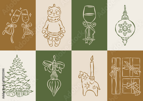 Christmas ornament doodles collection. Art for greeting cards, holiday invitations, poster design, postcards, branding, logo design, background.	