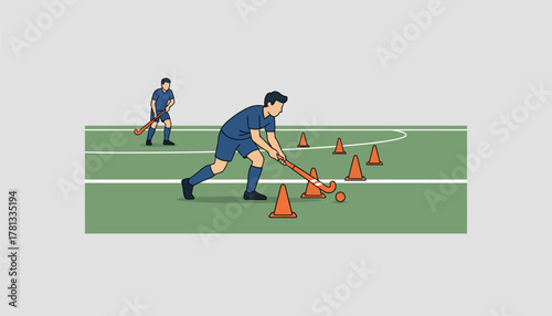 A field hockey player finetunes their dribbling and push passing skills during practice on an outdoor pitch with cones set up for drills.
