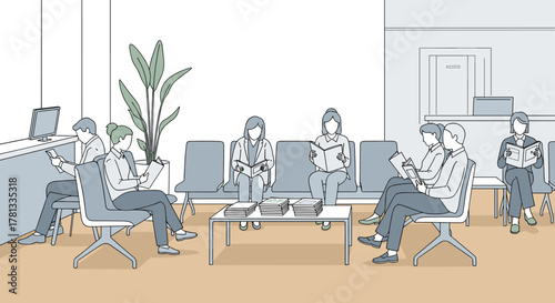 Diverse group of adults seated in a modern waiting area, reading magazines and books, illustrating a calm and organized atmosphere.