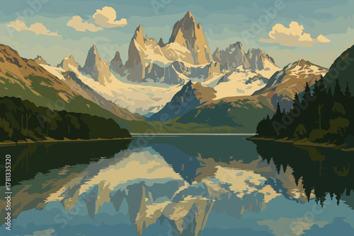 Scenic landscape featuring majestic snow-capped mountains reflected in a calm lake surrounded by lush forests and a clear blue sky.