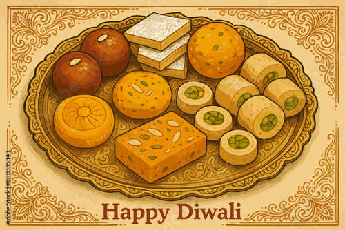Assorted traditional indian sweets arranged on an ornate platter with a decorative border and "happy diwali" lettering at the bottom.