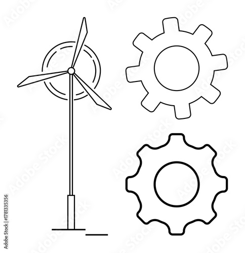 Wind turbine next to two mechanical gears, evoking themes of renewable energy, technology, and sustainability. Ideal for engineering, ecology, innovation, industry, teamwork clean power simple flat