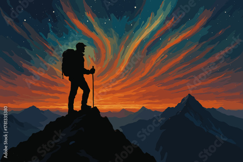 Silhouetted hiker with a backpack and walking stick stands on a mountain peak against a vibrant, colorful sunset sky with dramatic cloud formations.