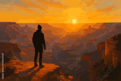 Silhouette of a male figure standing at the edge of a cliff overlooking a vibrant orange sunset over a vast canyon.