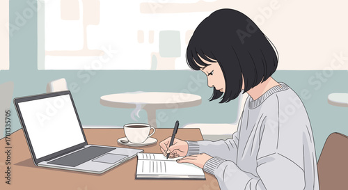 Asian female sitting in a cafe, focusing on writing in a notebook with a laptop and cup of coffee on the table.