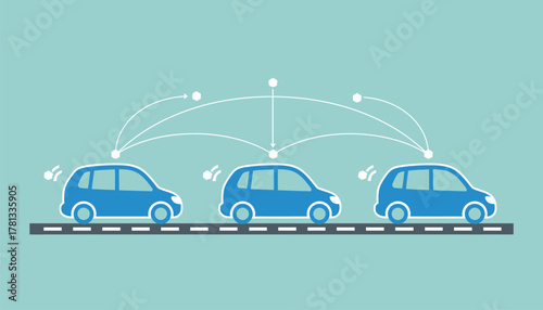 A set of connected electric vehicles communicating with each other on the road showcasing advancements in autonomous driving technology.