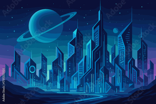 Futuristic cityscape with towering skyscrapers under a starry sky featuring a large ringed planet in the background.