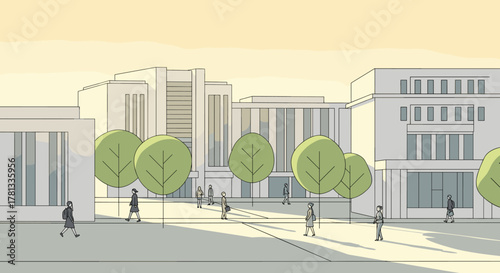 Architectural urban scene depicting modern buildings with large windows and surrounding greenery, populated by diverse pedestrians on a clear day.