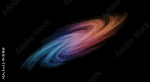 Abstract swirling galaxy in deep space with vivid blue and orange colors against a starry black background.