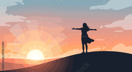 Silhouette of a female with outstretched arms standing on a hill at sunset, embracing the vibrant colors of the sky.