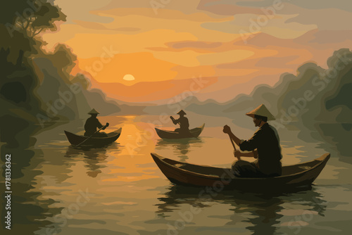Three individuals in small boats paddle on a serene river at sunset, with the warm glow of the sun reflecting on the water.