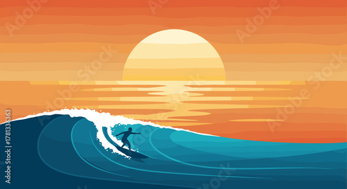 Silhouette of a surfer skillfully riding a wave at sunset, with vibrant orange and blue hues reflecting on the ocean.