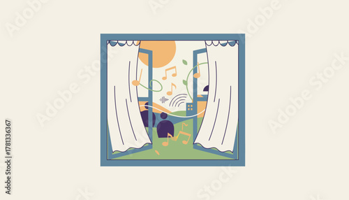 An open window with fluttering curtains a soft breeze carrying the sound of distant laughter and music blending creativity with the outside world.