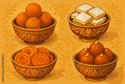 Four ornate bowls filled with traditional indian sweets, including ladoos, barfi, jalebi, and an assortment of syrupy desserts, placed against a decorative background.