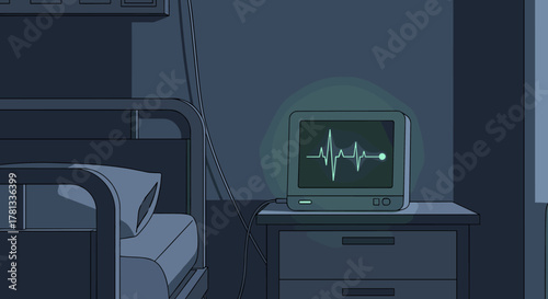 Hospital room scene depicting a heart rate monitor displaying a steady pulse next to an unoccupied bed in low light.