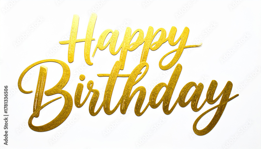 Fototapeta premium Stylish golden Happy Birthday hand-lettered typography in elegant script font, isolated on white