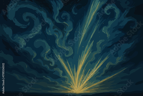 Dramatic night sky with swirling dark clouds and vibrant yellow beams of light emanating from the horizon.