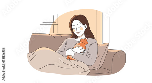 Young caucasian female sitting comfortably on a sofa, tenderly holding and gazing at a baby warmly wrapped in a soft blanket.