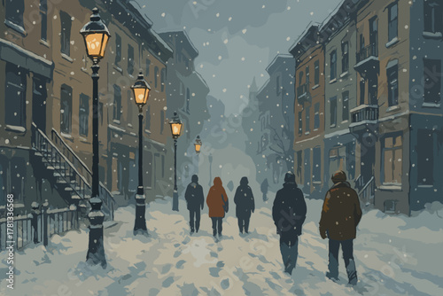 People in winter coats walking on a snowy street lined with vintage street lamps and flanked by historic buildings on a snow-covered day.