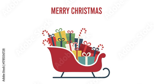 Merry christmas greeting with a red sleigh overflowing with colorful gift boxes and candy canes