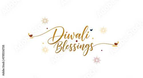 Elegant "diwali blessings" calligraphy with decorative elements, including stars and leaves, on a white background.