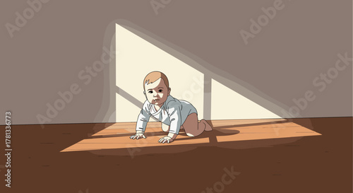 A young caucasian male baby in light clothing crawls on a wooden floor, illuminated by sunlight streaming through a window.