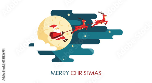 Santa claus and reindeer flying across the moon on christmas eve night with stars