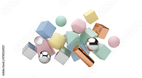 Pastel geometric shapes float on a transparent background, creating a playful and modern composition. Abstract design with 3D shapes.
