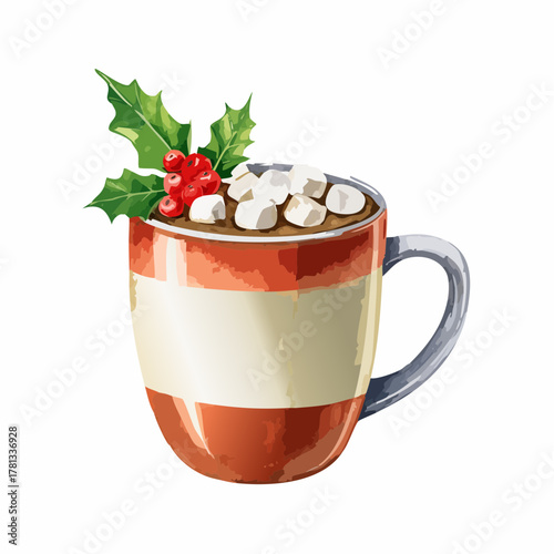 Illustration of a mug of hot chocolate with marshmallows and holly.