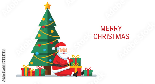 Joyful santa claus sits by a decorated christmas tree surrounded by wrapped presents with merry christmas text