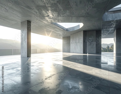 Expansive, sunlit concrete space with polished floors and mountain views