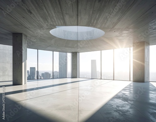 Sunlit, empty concrete room with city views and a circular ceiling opening