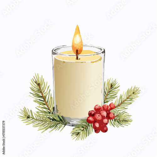 A watercolor illustration of a lit Christmas candle in a glass holder, decorated with pine branches and red berries.