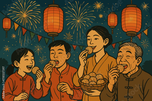Asian family celebrating a festive occasion, enjoying traditional snacks while fireworks illuminate the night sky, with lanterns hanging above.