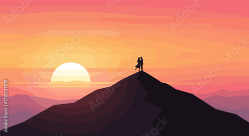 Silhouetted couple standing on a mountain peak, embracing while watching a vibrant sunset with orange and pink hues in the sky.