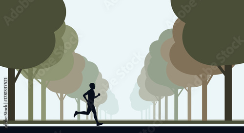 Silhouette of a person jogging along a tree-lined path, surrounded by stylized trees in muted colors.