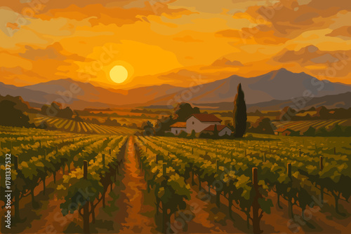 Vibrant and colorful depiction of a serene vineyard landscape at sunset, with rows of grapevines, a farmhouse, and distant mountains under a glowing orange sky.