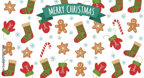 Festive merry christmas pattern with gingerbread cookies stockings mittens candy canes and snowflakes