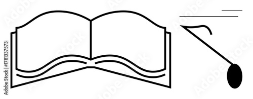 Open book with visible pages, magnifying glass, and lines for focus. Ideal for education, research, knowledge, learning, reading exploration focus. Simple flat metaphor