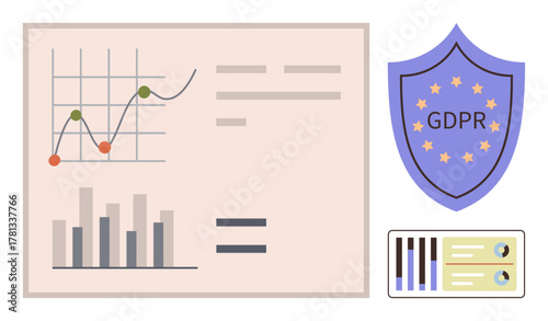 Graphs and bar charts on analytics board, GDPR compliance shield, and data cards. Ideal for data protection, privacy, compliance, analytics, policy regulation, cybersecurity and lawful data