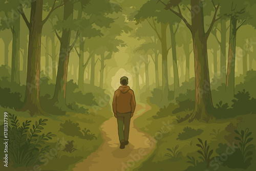 A person wearing a brown hoodie walks alone on a windy path through a dense green forest.