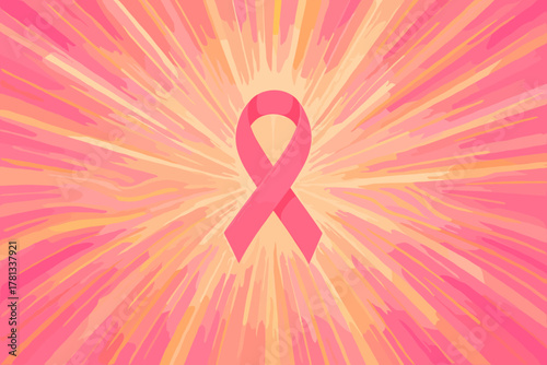 Pink breast cancer awareness ribbon on a colorful radial burst background conveying hope and support.
