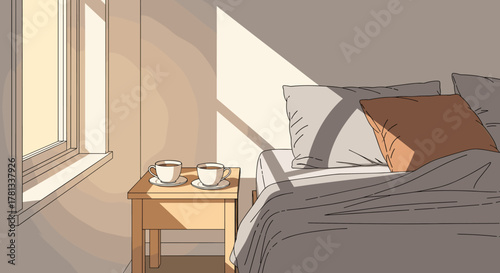 Cozy bedroom scene with warm sunlight streaming through a window, illuminating a bed and a bedside table with two coffee cups.