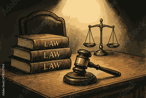 Three law books stacked on a wooden table next to a gavel and a brass balance scale, symbolizing justice and legal authority.