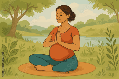 Pregnant hispanic female practicing yoga in a serene outdoor setting, sitting cross-legged with eyes closed, focusing on mindfulness and relaxation.