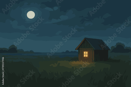 Lone wooden cabin illuminated by warm light under a bright full moon in a dark, cloudy night landscape.