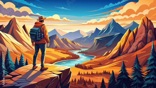 A man in outdoor gear standing on a high cliff, overlooking a breathtaking panoramic view of mountains and rivers below, under a bright sky, capturing the essence of travel, courage, and discovery